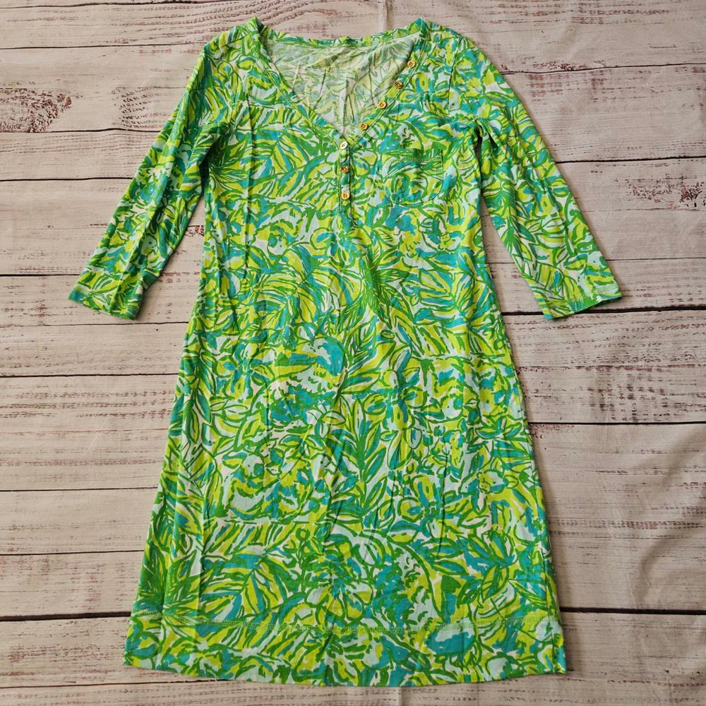 Lilly Pulitzer Green Tropical Leaf Print Pima Cotton Shirt Dress Womens Small